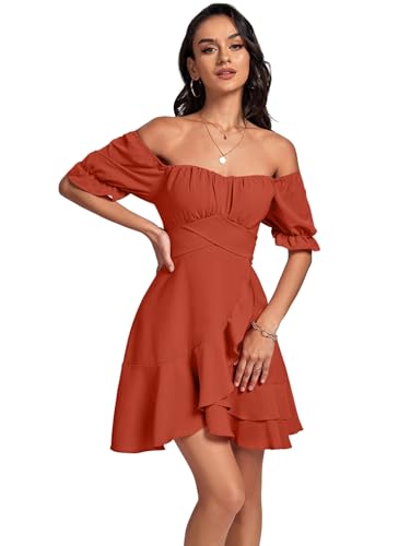 Image of LYANER Women's Square Neck Ruffle Mini Dress Off The Shoulder Short Sleeve A Line Flowy Graduation Dresses
