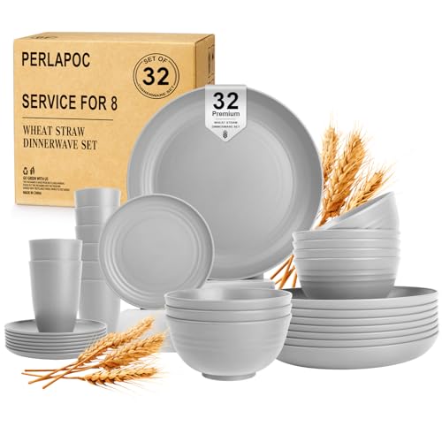 Image of Wheat Straw Dinnerware Sets, Plates and Bowls Sets, 32 PCS Dinnerware Sets Service for 8, Unbreakable Reusable Plates Set, Outdoor Kitchen and Apartment Dinning Essentials - Gray