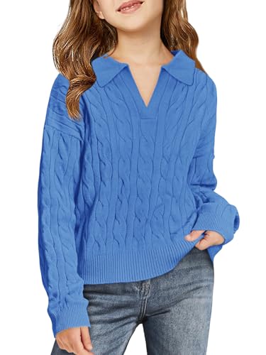 Image of Girls Sweaters Kids Fashion Cable Knit Collared V Neck Pullover Sweater Tops 5-14 Years