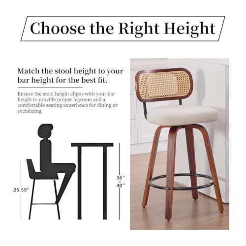 Image of Counter Height Bar Stools Set of 2, 26 inch Swivel Bar Chairs with Curved Rattan Back, Linen Upholstered Seat, Walnut Craftsmanship, Mid Century Modern Counter Stools for Kitchen Counter, Beige
