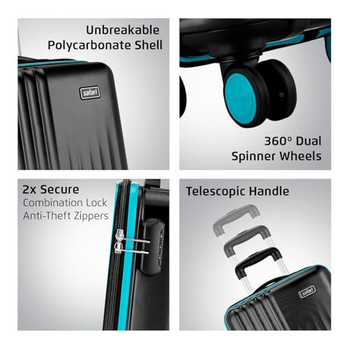 Image of Safari Citymiles 8 Wheels 59 Cm Cabin Size Trolley Bag Hard Case Polycarbonate 360 Degree Wheeling Carry on Luggage, Antitheft Zipper, Travel Bag, Suitcase for Travel, Trolley Bags for Travel, Black