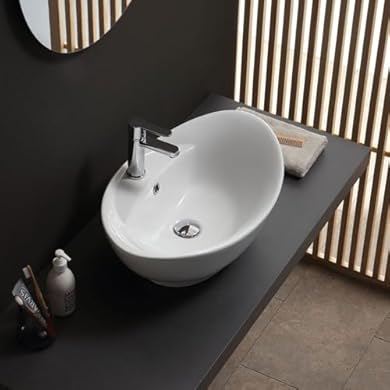 Foto di Kiamami Valentina - Lavabo d'Arredo Ovale | Ceramica Bianca | Con Foro Rubinetto e Troppopieno | Dimensioni 59x39x21,5 cm | Lavabo da Appoggio, Bianco, Ceramica