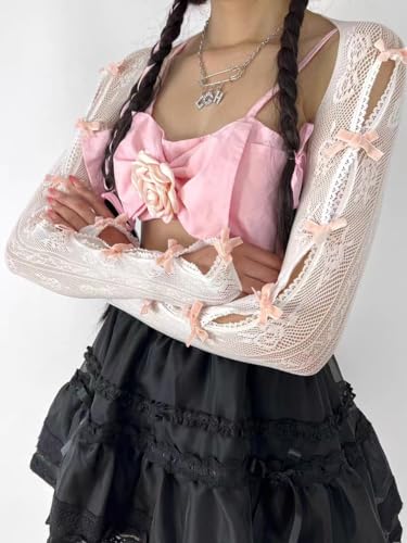 Women's Mesh Lace Shrug Crop Top Y2K Aesthetic Arm Sleeves Cardigan with Bow Grunge Cute Fairycore Accessories4