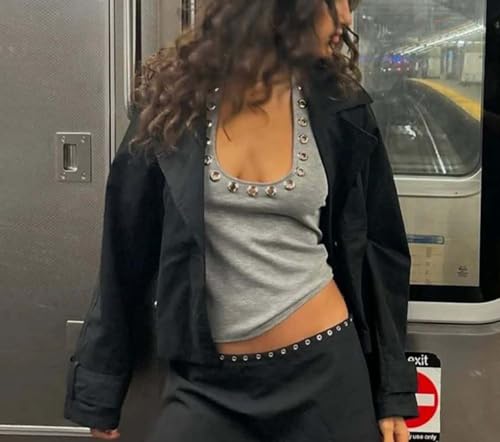 Women Y2k Punk Grommet Eyelet Halter Neck Crop Tank Tops Slim Fitted Sleeveless Backless Grunge Summer Shirts2