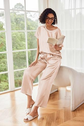 Image of Ekouaer Womens Satin Silky Pajama Set Short Sleeve Shirt with Long Pajama Pant Set Soft PJ Loungewear