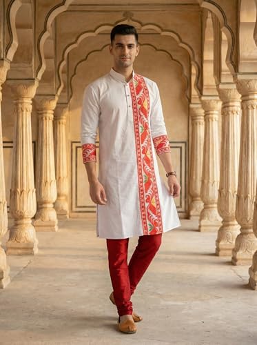 Image of Men's Jamdani Printed Kurta Pajama Set | Pure Cotton Ethnic Kurta with Mandarin Collar & Dupion Silk Pyjama | Festive & Weddings 303A12A 303SB12B(M XXL)