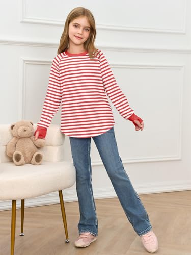 Image of Haloumoning Girls Striped Long Sleeve Shirts 5-14 Years | Thumb Hole, Crewneck, girls tops,Tunic Tops, Curved Hem Tees