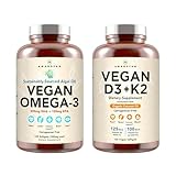 Vegan Powerhouse Combo. Omega-3 from Algal Oil & Vitamin D3 + K2. Plant-Based 5000 iu VIT D from Algae. 100 mcg All-Trans MK-7 Vita K. Carrageenan Free Veggie Softgels.
