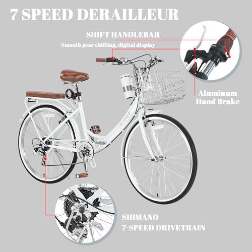 Image of 24 /26 Inch Folding Beach Cruiser Bike for Women, 7-Speed Foldable Bicycle with Basket & Cup Holder, Adult Commuter Bike with Adjustable Seat, Dual V-Brake System