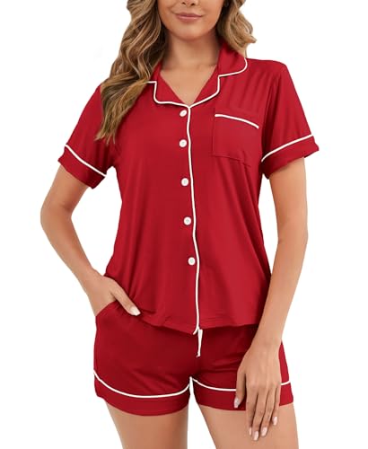 Image of Womens Pajamas Set Short Sleeve Sleepwear Button Down Pjs Shorts Set Soft Pjs Lounge Set With Pockets