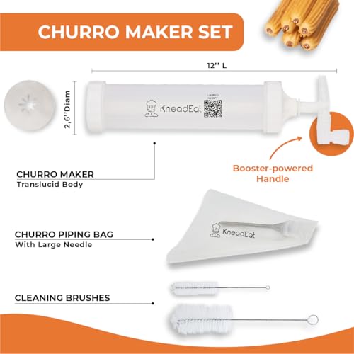 KneadEat Churro Maker Kit with Booster-powered Handle. Churrera and Piping Bag Churros Filler. Easy QR-Recipe to Prepare and Fill Your Own Churros at Home - KneadEat Cookie press - Churro press.