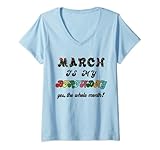 Mujer Camiseta March Is My Birthday Bash con flores para niñas Camiseta Cuello V