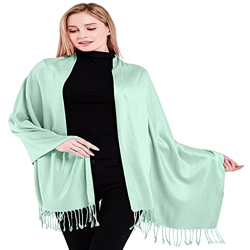 CJ Apparel Baby Green Celeste Pale Cyan Sky Blue Solid Color Tassels Design Nepalese Shawl Seconds Scarf Wrap Stole Throw Head Wrap Pashmina Hand Made in Nepal New3