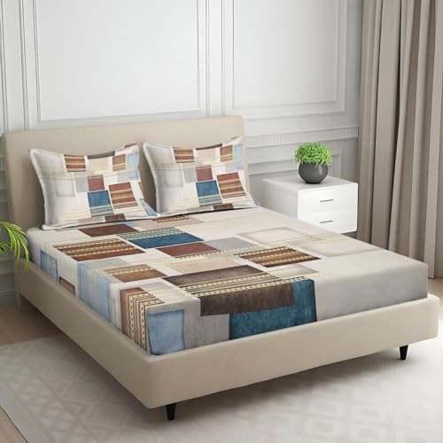 Image of Signature Digital Print Geometric Designs Super King Size Bedsheet - 108 x 108 inches | 100% Cotton-Feel Soft Fabric | Fade-Resistant Colors | 2 Matching Pillow Covers (Heritage Grid)