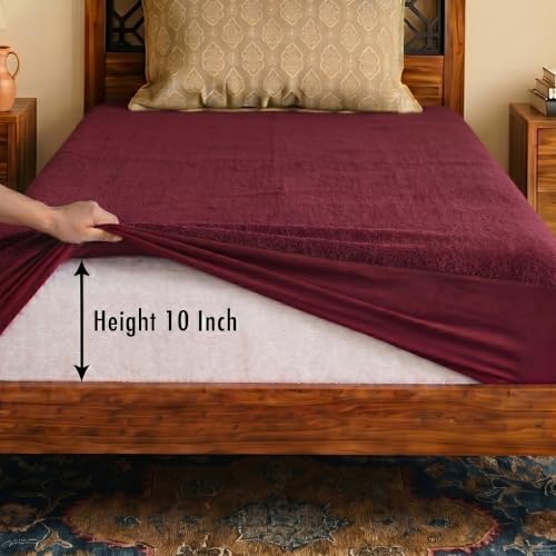 Image of Lithara Terry Cotton Fitted Mattress Protector for Single Bed | Waterproof & Elastic Band | Ultra Soft & Hypoallergenic Mattress Cover | Size : 36 x 78 Inches (3 x 6.5 Feet) | (Wine Red)