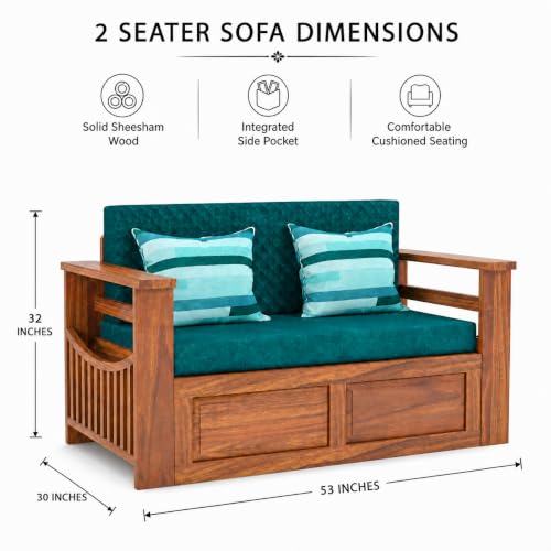 Image of Douceur Furnitures Solid Sheesham Wooden 2 Seater Sofa Cum Bed with Mattress & 2 Teal-Green Cushions,Wood Foldable Convertible Sofa Diwan Cum Bed for Living Room and Bedroom, Honey Teak Finish