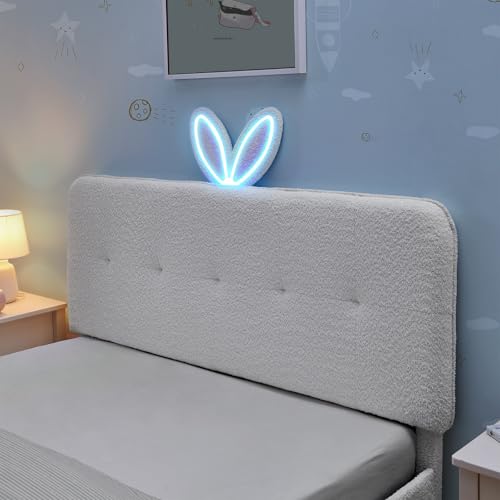 Image of Full Led Bed Frame with 4 Storage Drawer, Upholstered Platform Floor Bed with Rabbit Ear Headboard Daybed Strong Wooden Slats No Box Spring Needed for Kids Girls Boys, Beige