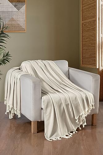 Lycus Valley Premium 100% Cotton Herringbone Throw Blanket - Elegant and Cozy Accent for Sofa, Double Bed, and Armchair - Generous Size 170 x 230 cm (Beige)