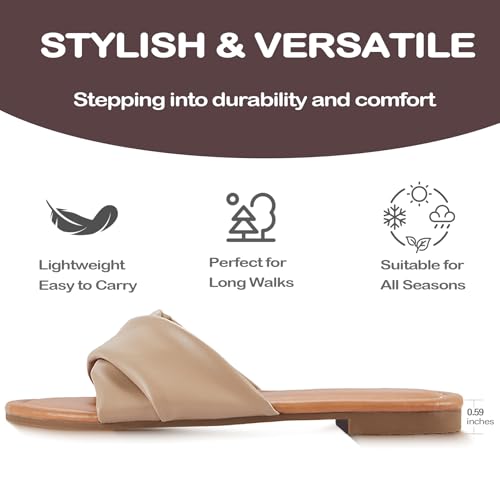 Image of Women's Flat Sandals Round Open Toe Comfortable Fashion Cute Ladies Slides Sandals Women Dressy Summer Flat Leather Casual Fashion Beach Shoes Size 6-11