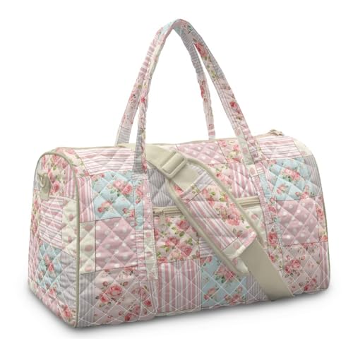 Sellikakes Floral Pink Quilted Travel Duffle Bag, Large Weekender Bags