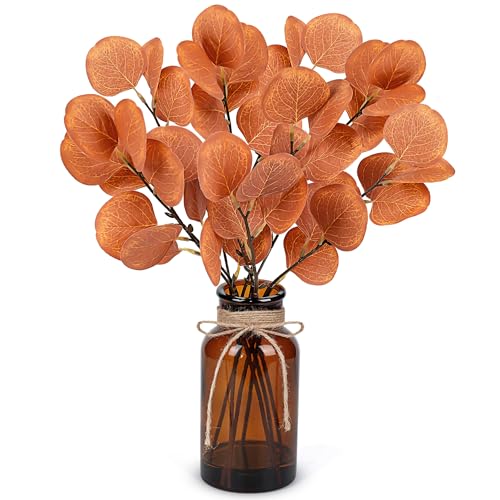 Der Rose 13.5' Fake Plants for Fall Bathroom Decor Autumn Artificial Eucalyptus Stems in Amber Glass Vase with Faux Water for Office Desk Accessories Home Table Fall Centerpiece Decor（Orange）