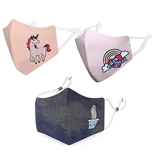 MASQ By Q-One 4 Layer, Reusable Anti-Bacterial Cotton Cloth Face Mask (7-12 Years, Denim Blue-Pink-Peach, Pack of 3, Without Valve) for Kids