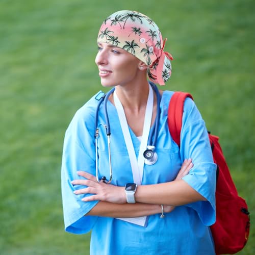 Image of 6 Pcs Scrub Caps for Women Doctor Nursing Hats with Buttons Adjustable Tie Back Working Cap Bouffant Scrub Hats for Women Men
