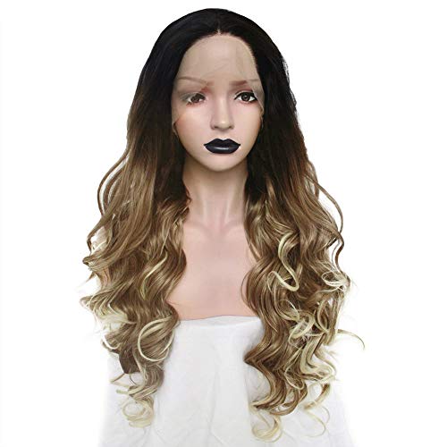 Anogol Hair Cap + Long Water Wave 3 Tones Black Roots Brown Ombre Blonde Synthetic Lace Front Wig for Women Everyday Use