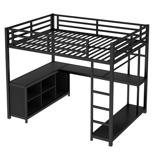 Image of Bellemave Full Size loft Bed with L Desk, Wardrobe, Metal Full Loft Bed Frame for Adults, Kids, Teens, Black