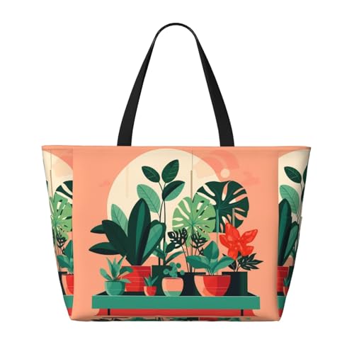 Indoor potted green plants Large capacity beach bag with zipper, perfect for grocery bag pool gym travel shopping foldable beach travel bag,2