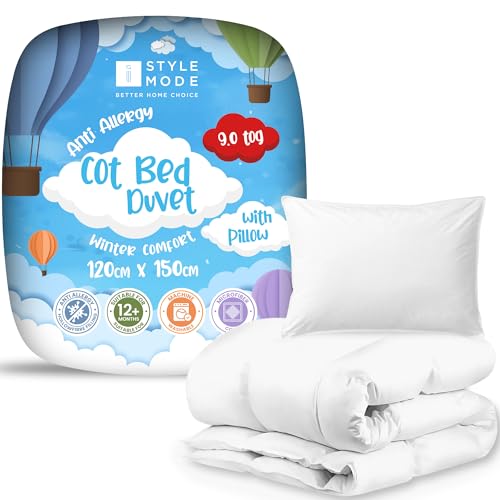 9.0 Tog Cot Bed Duvet and Pillow – Lightweight Soft Snug Nursery Quilt for Kids, Toddlers – Hypoallergenic, Anti Allergy & Machine Washable - 120cm x 150cm (9.0 Tog Cot Duvet + Cot Pillow)