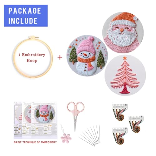 Image of LB Pink Christmas Embroidery Kit for Beginners Adults, 3 Sets Hand Embroidery Starter Kit with Santa Pattern and Instructions Stamped Cross Stitch Kits Include Embroidery Hoop Needles Threads Scissors