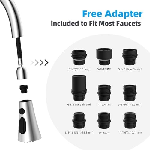 Hibbent 3-Function Pull Down Kitchen Faucet Head Replacement with 12 Adapters, NSF/ANSI/CAN 61 & CUPC Certified Sink Spray Nozzle, Compatible with Moen, Delta, Kohler Faucets, Chrome - 1