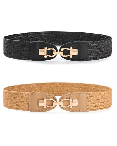 Kajeer Women Belt Elastic Waist, 2 Pcs Women Straw Belt Metal buckle Breathable Boho Braided Belt for Dress Casual