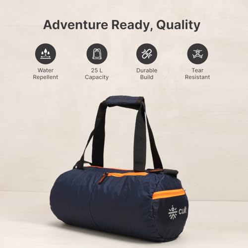 Image of Cult 20 Litre Gym /Duffle Bag for Men & Women - Water Resistant Travel Bag with Spacious Main Compartment, Side Mesh Pocket, Adjustable Shoulder Strap & Durable Zippers - Navy Orange