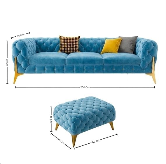 Image of A to Z Furniture Modern Classic Fabric & Valvet Tufted Chesterfield Sofa Living Room and Office (3+1= 4 Seater Sofa Set with Footrest Sky-Blue)