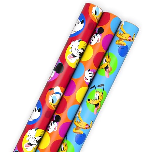 Hallmark Disney Wrapping Paper Rolls for Kids Birthdays Christmas Any Occasion (Set of 3 Rolls: 60 sq. ft. ttl.) Mickey Mouse Minnie Mouse Pluto Donald Duck Daisy Duck