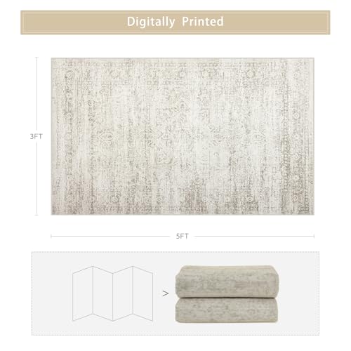 Washable Rugs 3x5 Area Rugs for Living Room,Bedroom- Non Slip Vintage Entryway Rug for Indoor Entry,Kitchen,Bathroom,Kids Girls Room,Home,Office,Ultra Soft Faux Wool Laundry Room Small Carpets