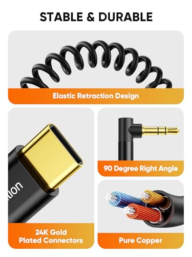 Image of CableCreation USB C to 3.5mm Audio Aux Jack Cable, Coiled Aux to C Cable | (1.3-4FT) Type C to 3.5mm Headphone Car Stereo Cord for iPhone 16 15 Pro Max, Galaxy S25 S24, Pixel, iPad Pro