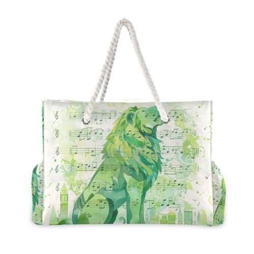Sage Green Lion Music Notes Sheet Music Illustration Art Sturdy Travel Duffel Bag Tote with side pocketes Tote Bag Large Perfect for Travel Pool Swim Beach Vacation Necessities2