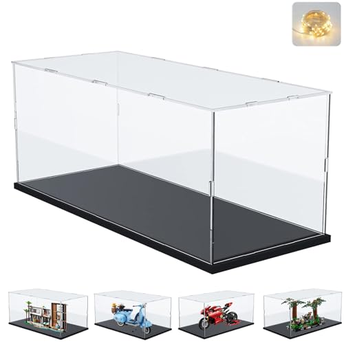 Vitrina Expositora para Colecciones para Lego 10298 10315 42179 75353 31153, Expositor Cajas de Metacrilato Transparente Espesado Acrílica con Base de Madera-Plástico &Luz, Interior Negro 40x20x25cm
