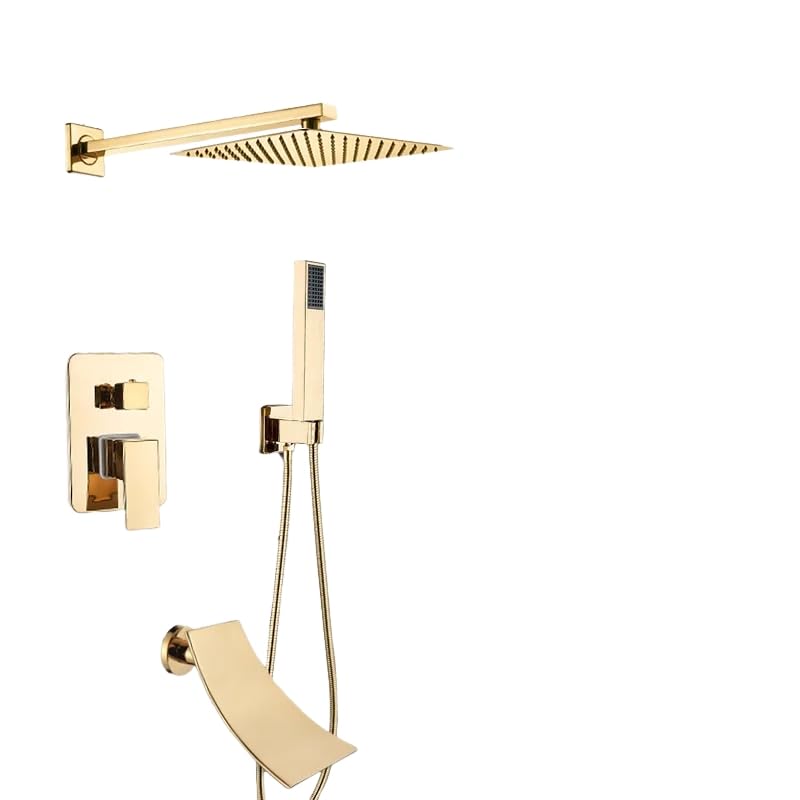 Robinet de pluie ultra fin avec mitigeur 3 voies et ensemble de douche doré mural pour hydrothérapie
