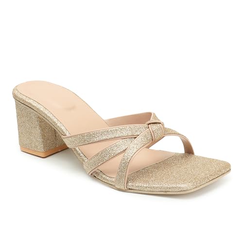 Aviva style Women's Glitter Gold Block Heel Sandals | Trendy Heel...