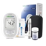 Healthcare World Blutzuckermessgerät mit Blutzucker-Teststreifen und Lanzetten, Glukometer-Diabetes-Testkit – präzise, tragbar, keine Codierung erforderlich, 60 Lanzetten + Teststreifen