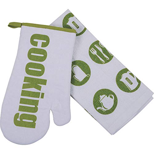 Set Para Cozinha 2 Peças - Luva/Pano De Prato Cooking - Branco/Verde - Vizapi