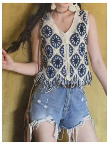 GORGLITTER Women's Bohemian Floral Sweater Vest Sleeveless Button Up V Neck Raw Hem Western Knit Tops 20254