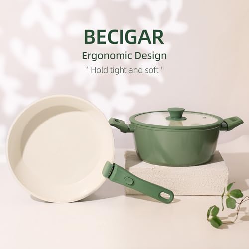 BECIGAR 23pcs Ceramic Pots and Pans Set, Nonstick Detachable Handle Cookware, Induction Kitchen Cooking Set with Removable Handle,include Frying Pans & Saucepans Oven Safe(Green) - Image 5