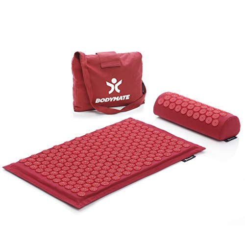 BODYMATE Akupressurmatte, Akupressur-Set inkl. Nackenkissen und Transporttasche, Massagematte zur Selbstheilung, Meditation & Entspannung, Therapiegerät für Zuhause, Red wine