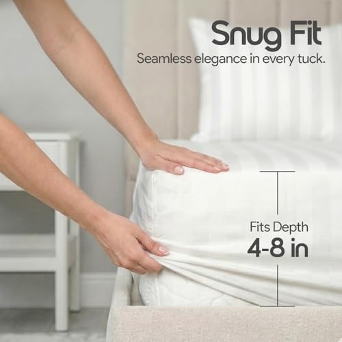 Image of LINENWALAS Cotton 300 TC Fitted Bed Sheet for King Size Bed | Signature 2 CM Sateen Stripe Design |All-Around Elastic for 4-8 Inch Mattresses | Luxury Hotel-Style Bedding (72 x 78, White)