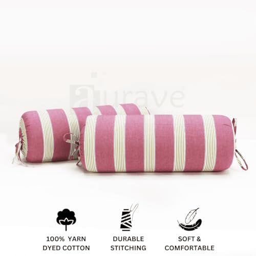 Image of AURAVE Cotton 144 TC Printed Bolster Cover with Drawstring Closure, Set of 2, Soft Breathable Durable Machine Washable for Sofa Bed & Home Decor, 15 inchx30 inch, Magenta & Green | Cover Only